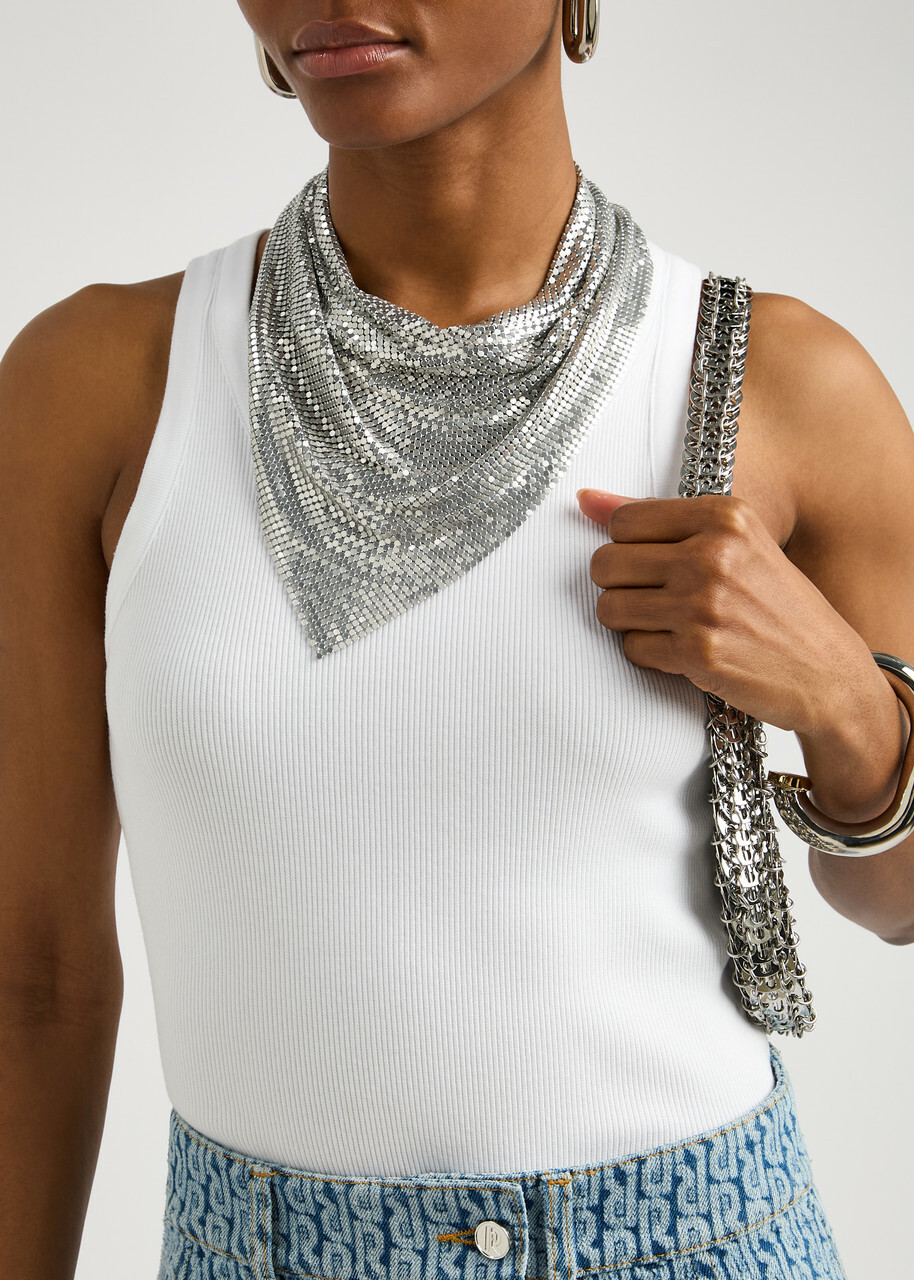 スカーフ Paco Rabanne Flexible Silver Knitted Scarf With Shimmering Paco Rabanne Flexible Silver Knitted Scarf With Shimmering