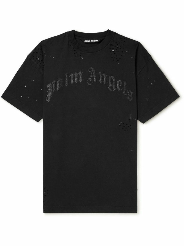 Photo: Palm Angels - Distressed Logo-Embellished Cotton-Jersey T-Shirt - Black