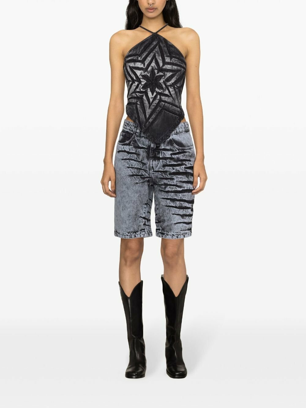 Masha Popova Blue Bleached-Effect Denim Shorts
