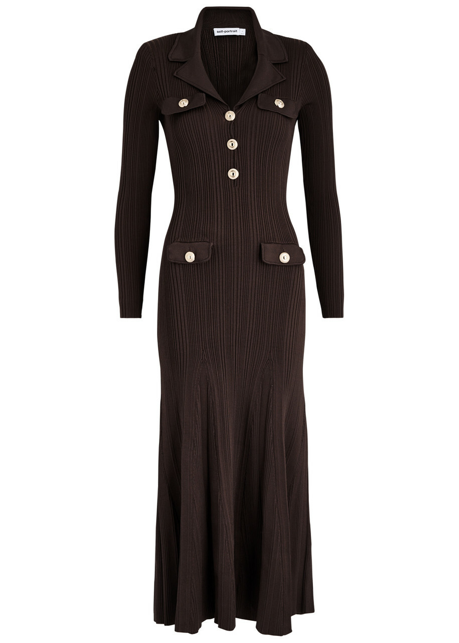 Self-portrait Ribbed-knit Maxi Dress Brown