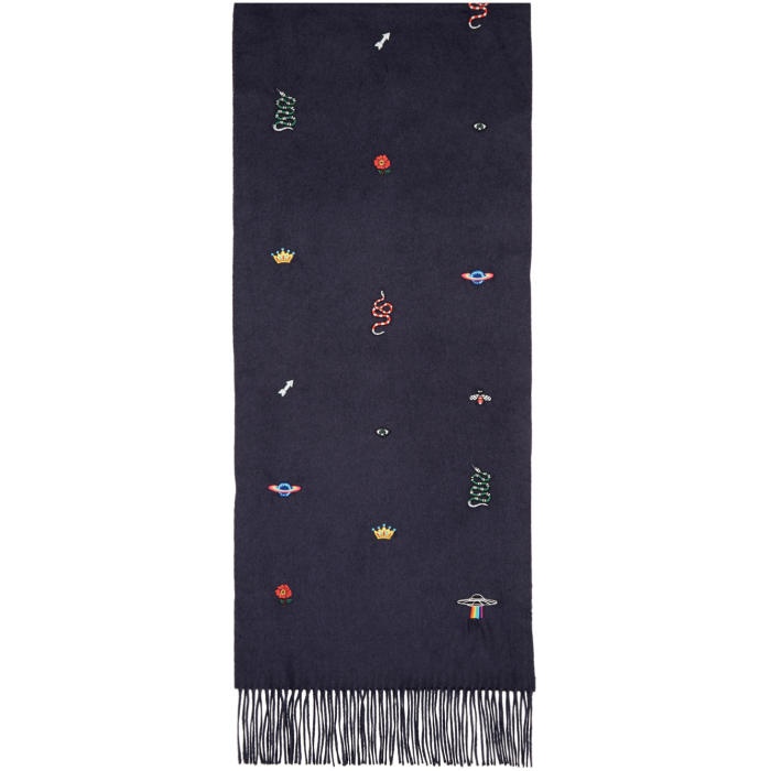 Photo: Gucci Navy Embroidered Silk and Cashmere Scarf