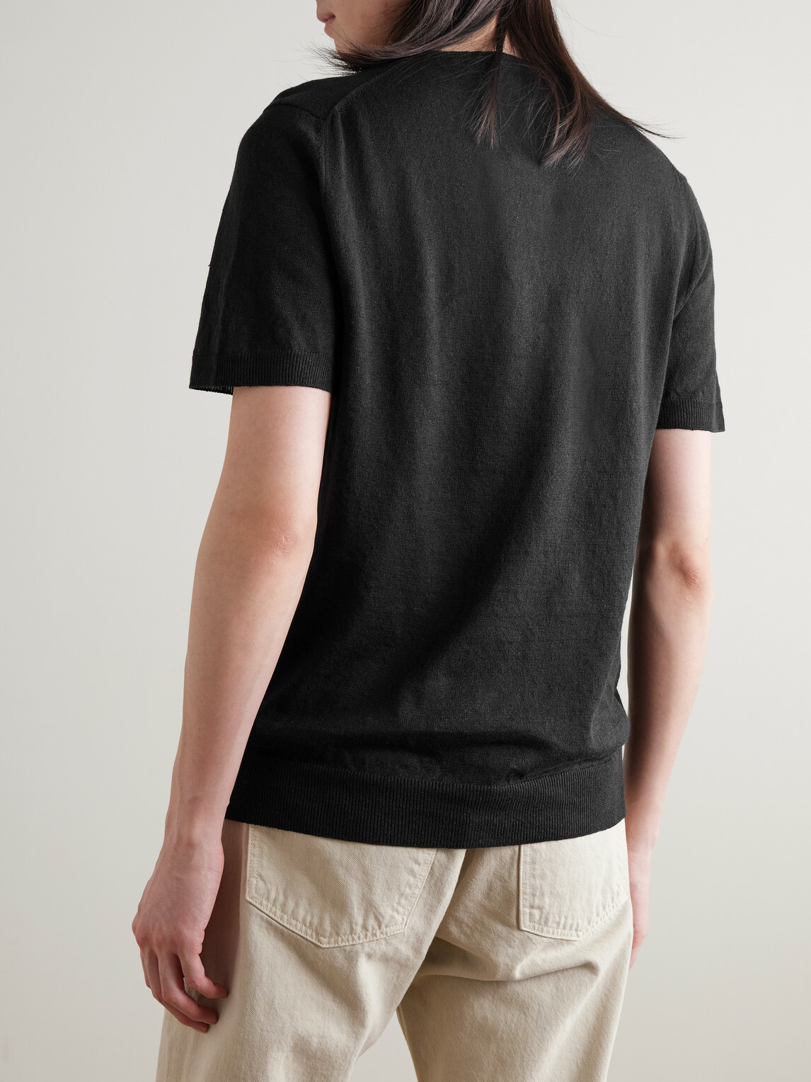 Mr P. - Pointelle-Knit Linen and Cotton-Blend Henley T-Shirt - Black