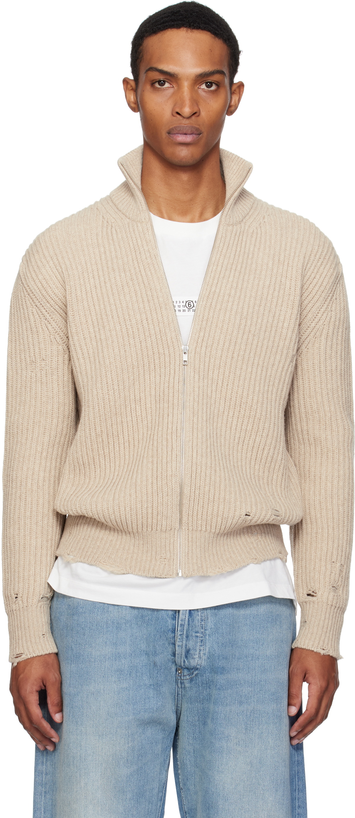 MM6 Maison Margiela Beige Ribbed Knit Sweater MM6 Maison Margiela