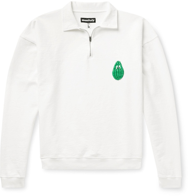 Photo: Monitaly - Embroidered Loopback Cotton-Jersey Half-Zip Sweatshirt - Neutrals