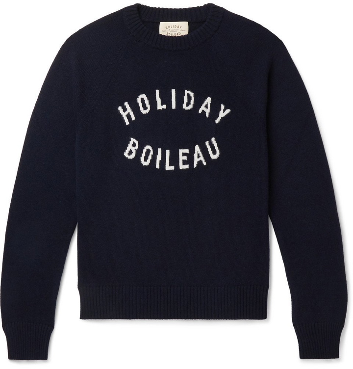 Photo: Holiday Boileau - Slim-Fit Logo-Intarsia Merino Wool Sweater - Navy