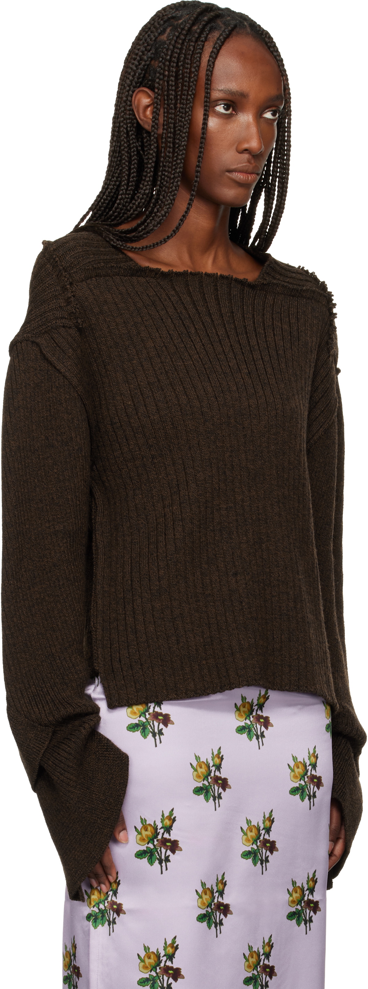 Meryll Rogge Brown Raw Edge Boat Neck Sweater