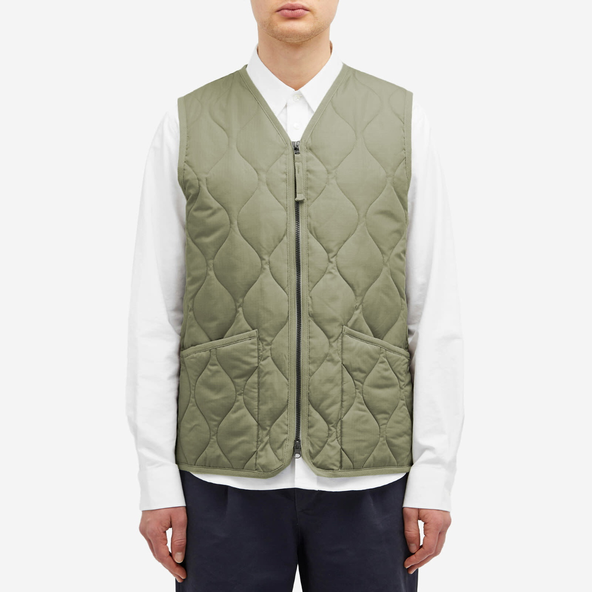 Taion Men's Military Zip V-Neck Down Vest in Dark Sage Green