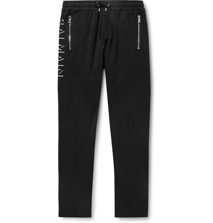 Photo: Balmain - Tapered Logo-Print Loopback Cotton-Jersey Sweatpants - Black