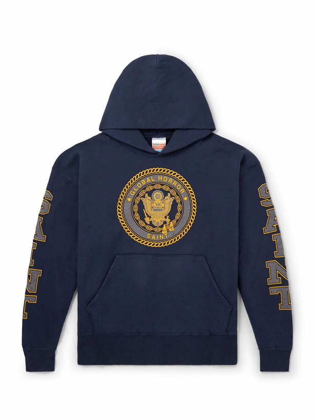 Photo: SAINT MXXXXXX - Saint College Printed Cotton Hoodie - Blue