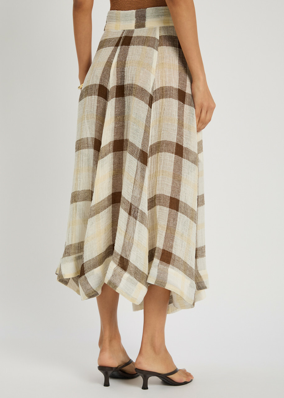 Lisa Marie Fernandez Checked Belted Linen-blend Midi Skirt Multicoloured