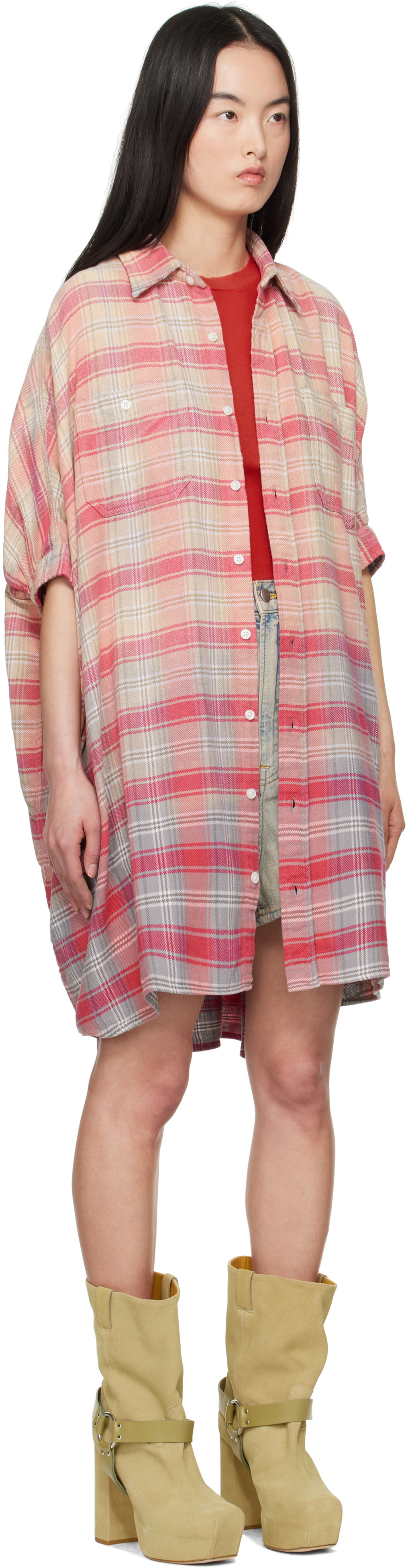 R13 Pink Plaid Oversized Boxy Shirt Minidress