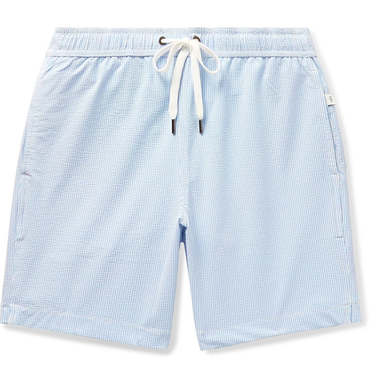 Photo: Onia - Mid-Length Striped Seersucker Swim Shorts - Blue