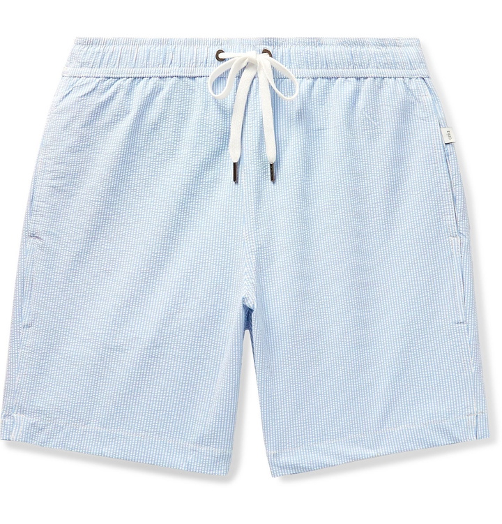 Photo: Onia - Mid-Length Striped Seersucker Swim Shorts - Blue