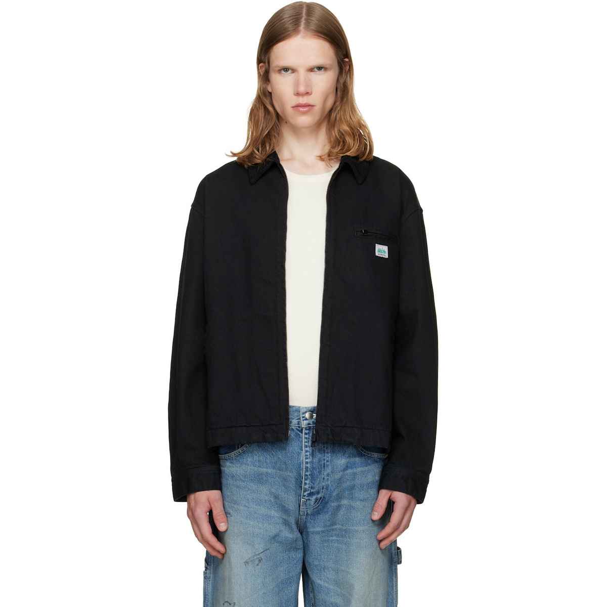 vowels Black Cord Collared Zip-Up Denim Jacket