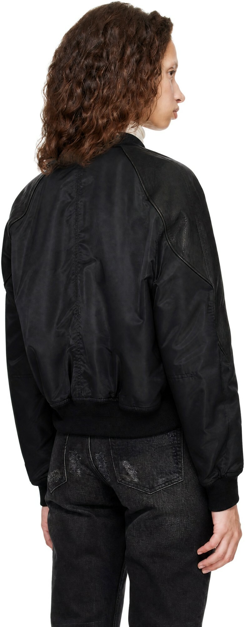 COOR Black Highneck Shearling Mixed MA-1 Bomber Jacket