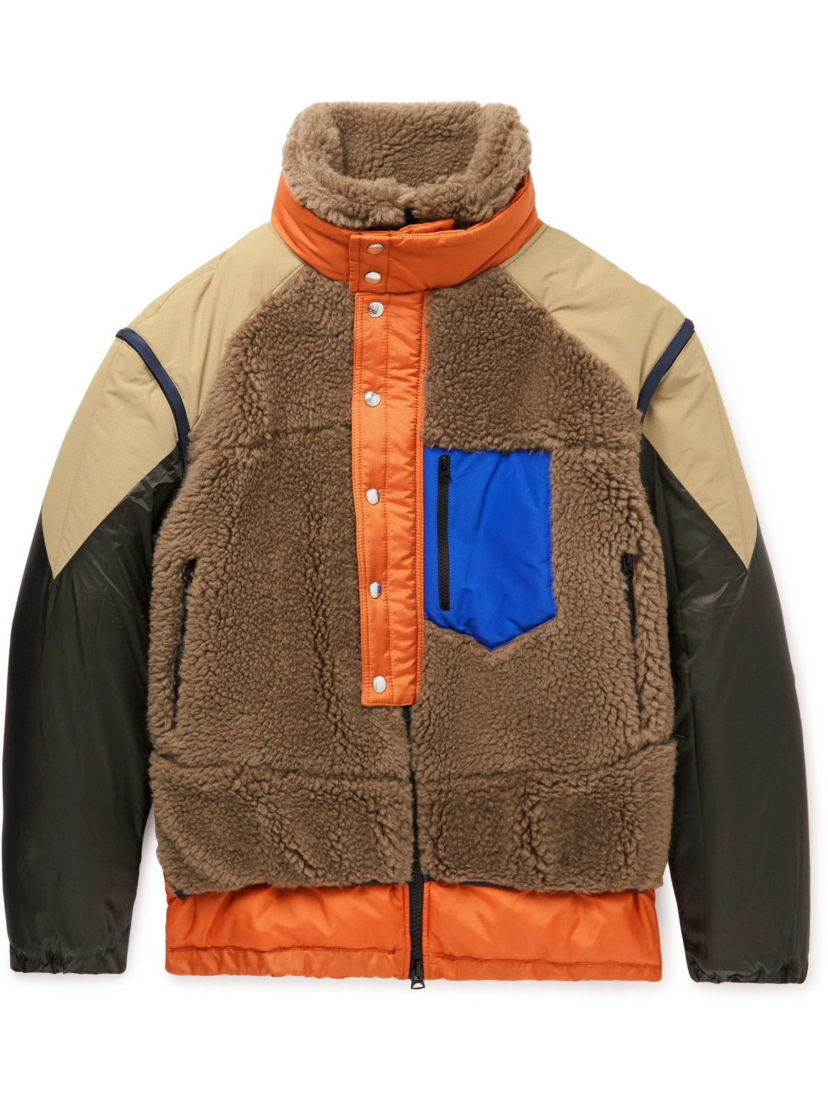 Sacai - Colour-Block Padded Shell and Wool-Fleece Jacket - Brown Sacai