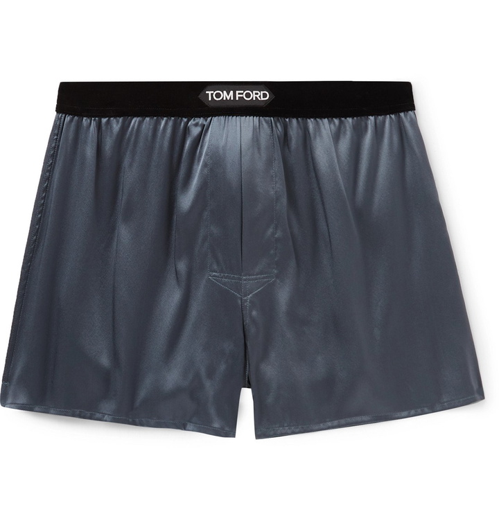 Photo: TOM FORD - Velvet-Trimmed Stretch-Silk Satin Boxer Shorts - Gray