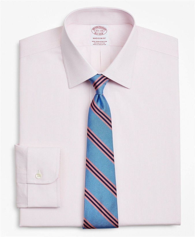 Photo: Brooks Brothers Men's Stretch Madison Relaxed-Fit Dress Shirt, Non-Iron Poplin Ainsley Collar Fine Stripe | Pink