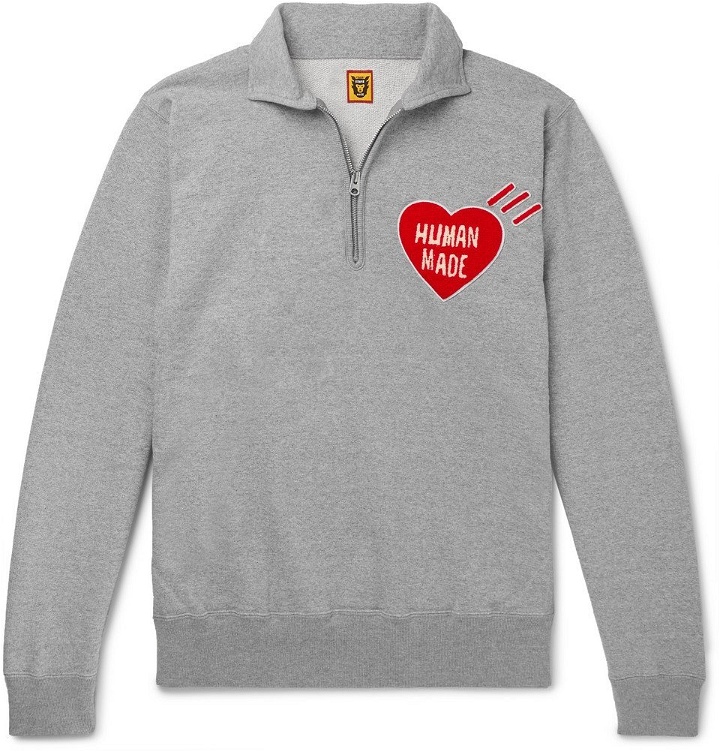 Photo: Human Made - Logo-Appliquéd Loopback Cotton-Jersey Half-Zip Sweatshirt - Gray
