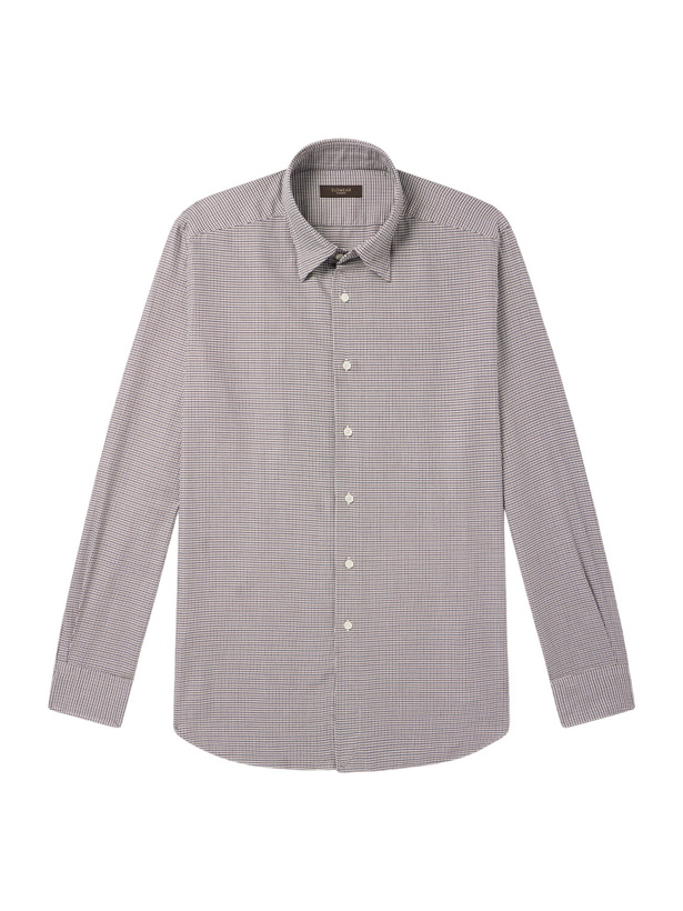 Photo: Slowear - Glanshirt Button-Down Collar Houndstooth Cotton Shirt - Brown