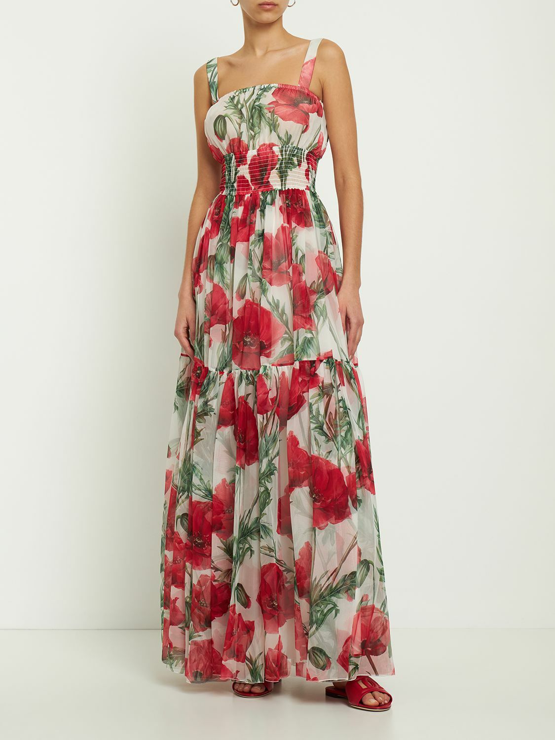 DOLCE & GABBANA Poppy Print Silk Chiffon Long Dress Dolce & Gabbana