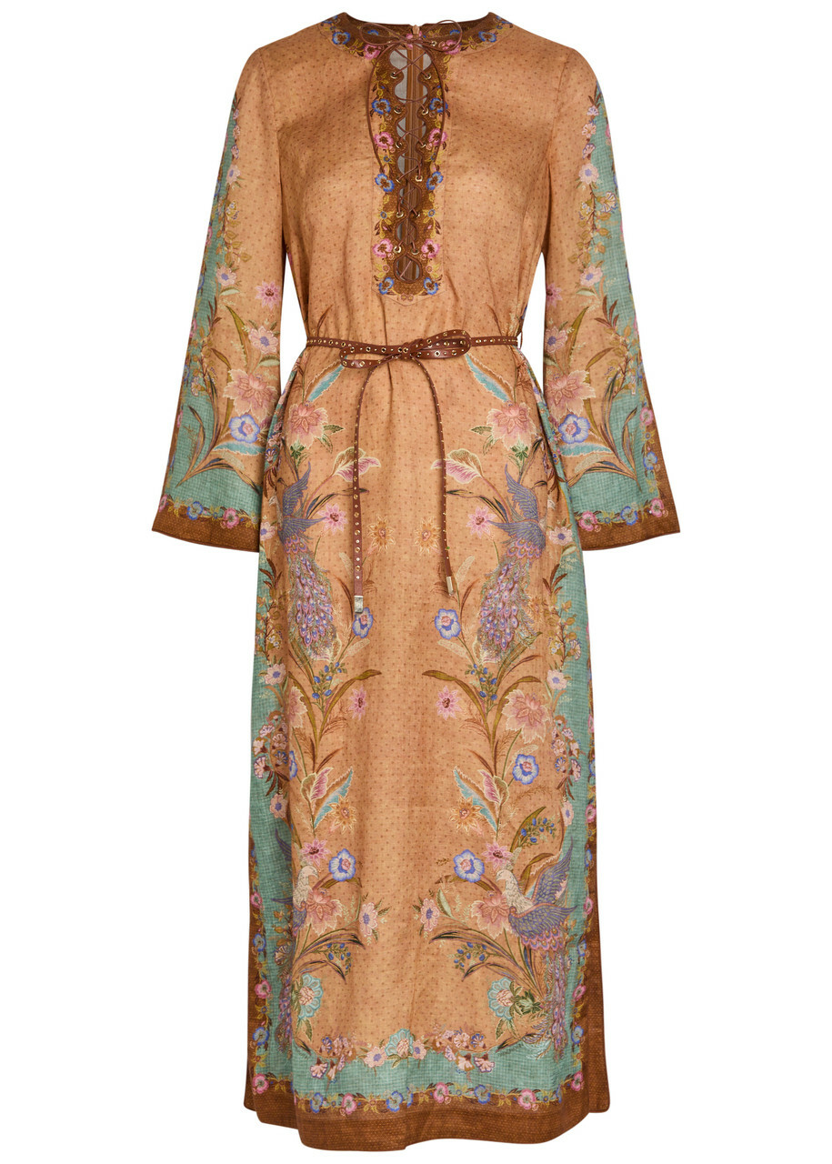 Zimmermann Indra Belted Printed Linen Midi Tunic Dress Tan