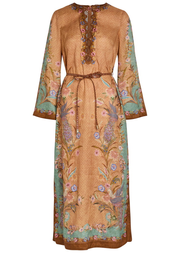 Photo: Zimmermann Indra Belted Printed Linen Midi Tunic Dress Tan