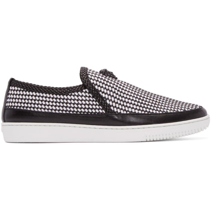 Photo: Versace Black and White Leather Woven Slip-On Sneakers