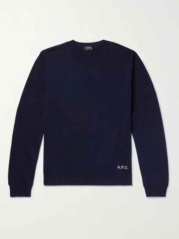 Photo: A.P.C. - Logo-Embroidered Cotton and Cashmere-Blend Sweater - Blue