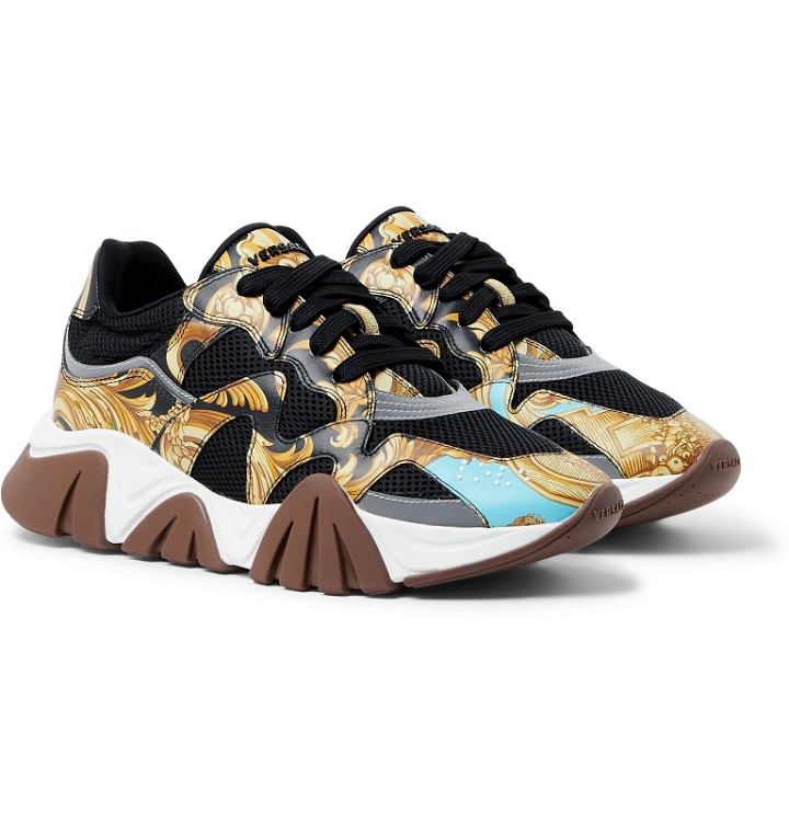 Photo: Versace - Squalo Printed Leather and Mesh Sneakers - Black