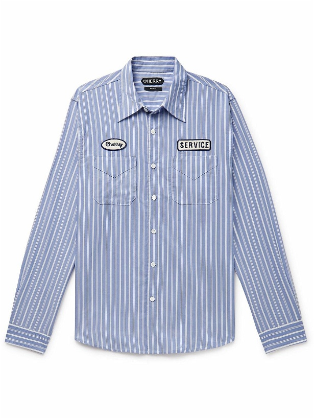 Photo: CHERRY LA - Appliquéd Striped Cotton and TENCEL™ Lyocell-Blend Shirt - Blue
