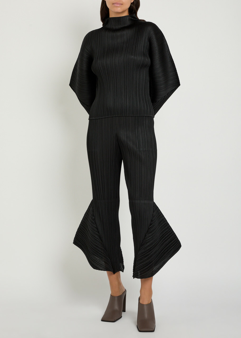 Pleats Please Issey Miyake Pleated Flared-leg Woven Cropped Trousers Black