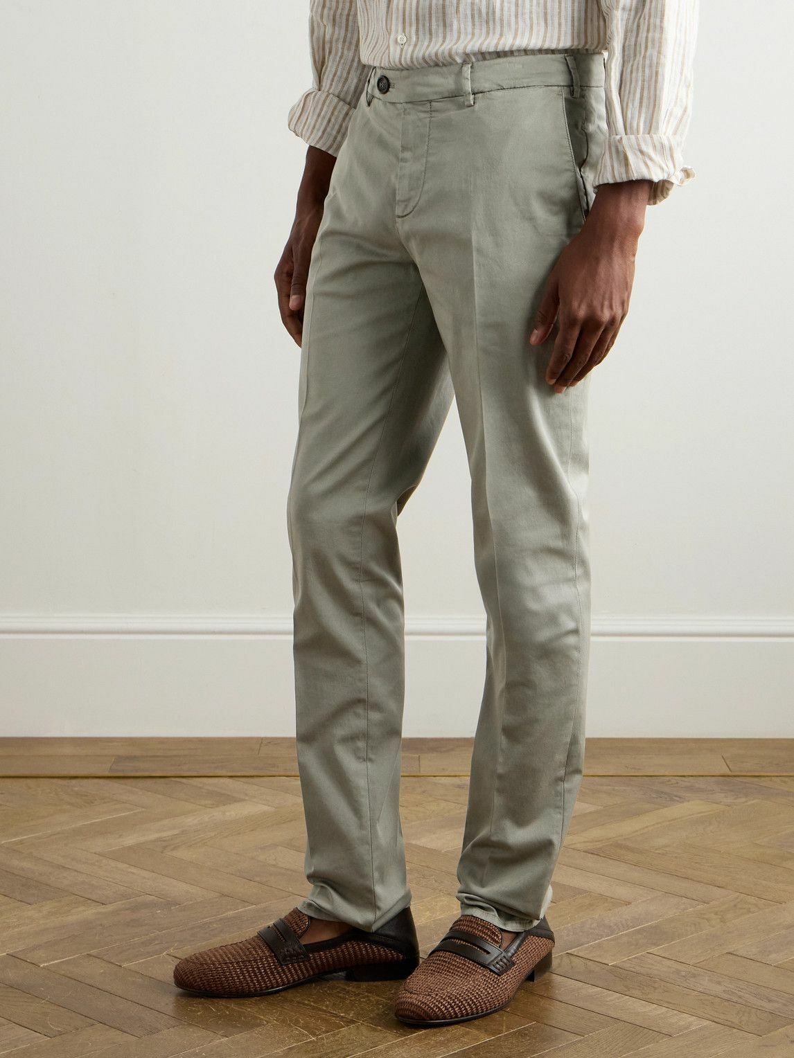 Brunello Cucinelli - Tapered Cotton-Blend Twill Trousers - Gray