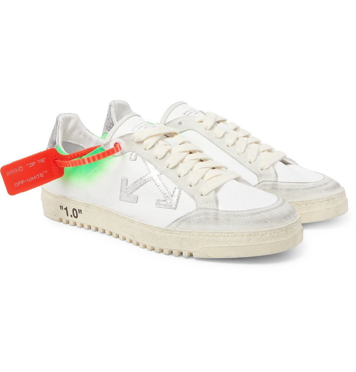 Photo: Off-White - 2.0 Distressed Suede-Trimmed Leather Sneakers - White