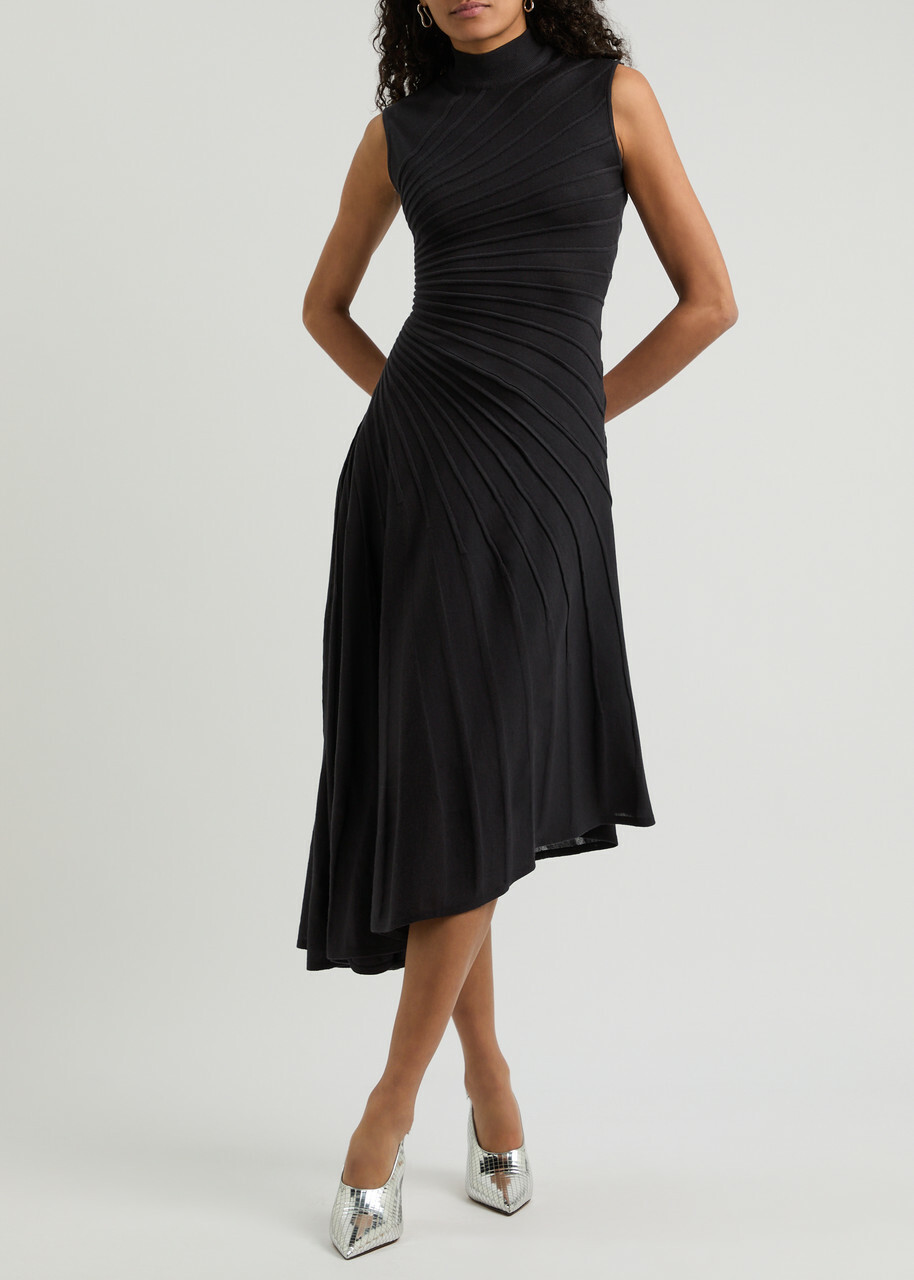 Alaïa Asymmetric Ribbed Wool Midi Dress Black