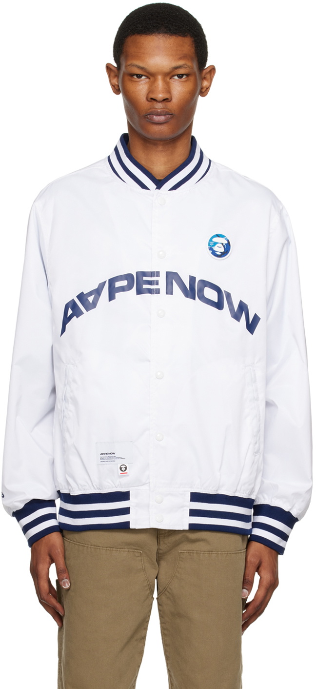 AAPE by A Bathing Ape White Moonface Patch Bomber Jacket AAPE by A