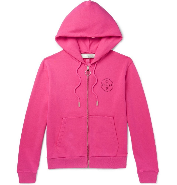 Photo: Off-White - Embellished Loopback Cotton-Jersey Zip-Up Hoodie - Men - Bright pink
