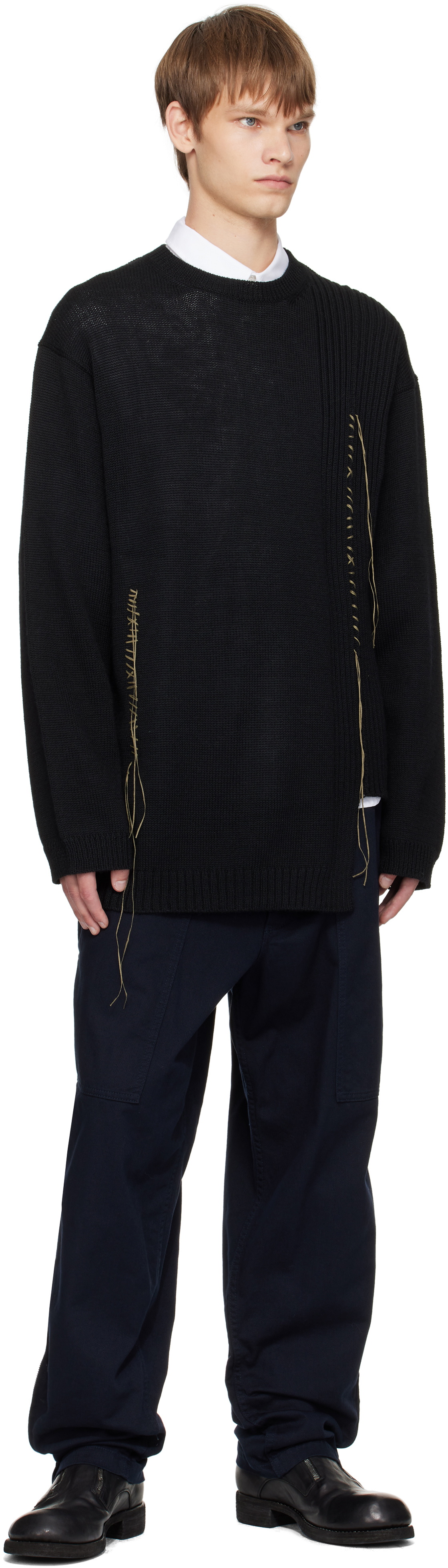 YOHJI YAMAMOTO Black Plain Stitch Embroidery Round Neck Sweater