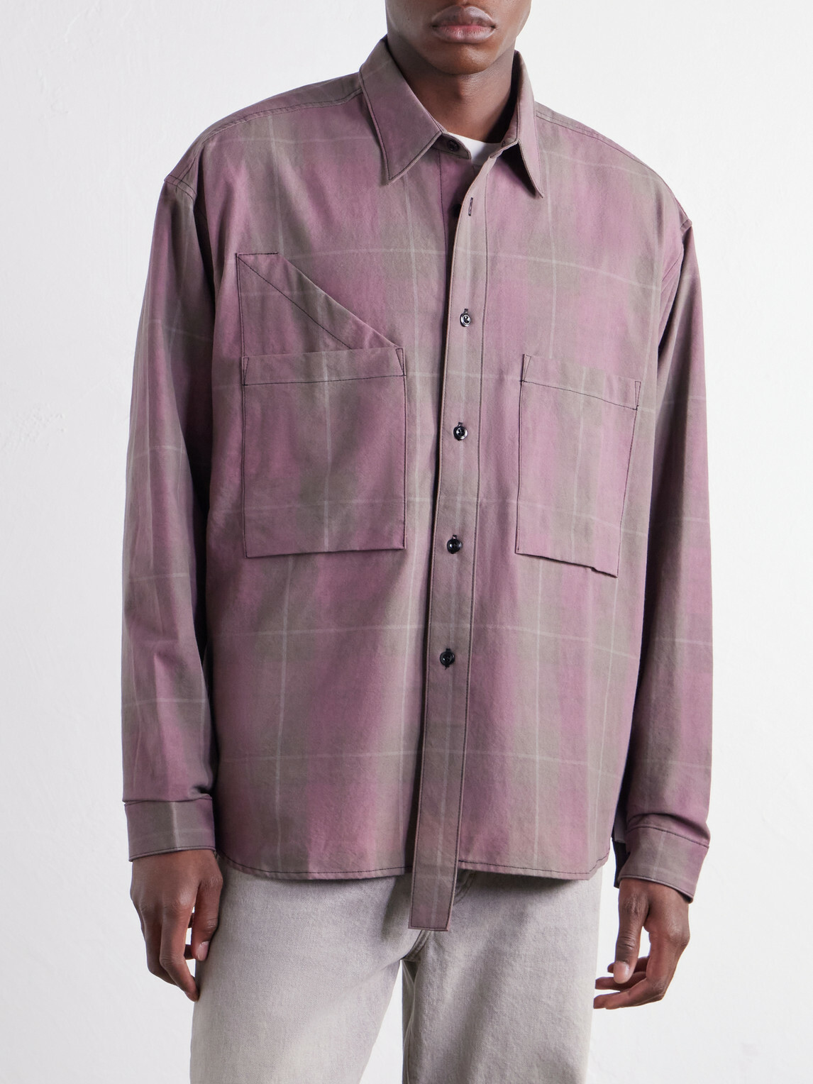 Monitaly - Double Pocket Checked Cotton Shirt - Purple