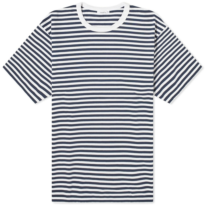 Photo: Nanamica Men's COOLMAX Striped T-Shirt in Navy X White