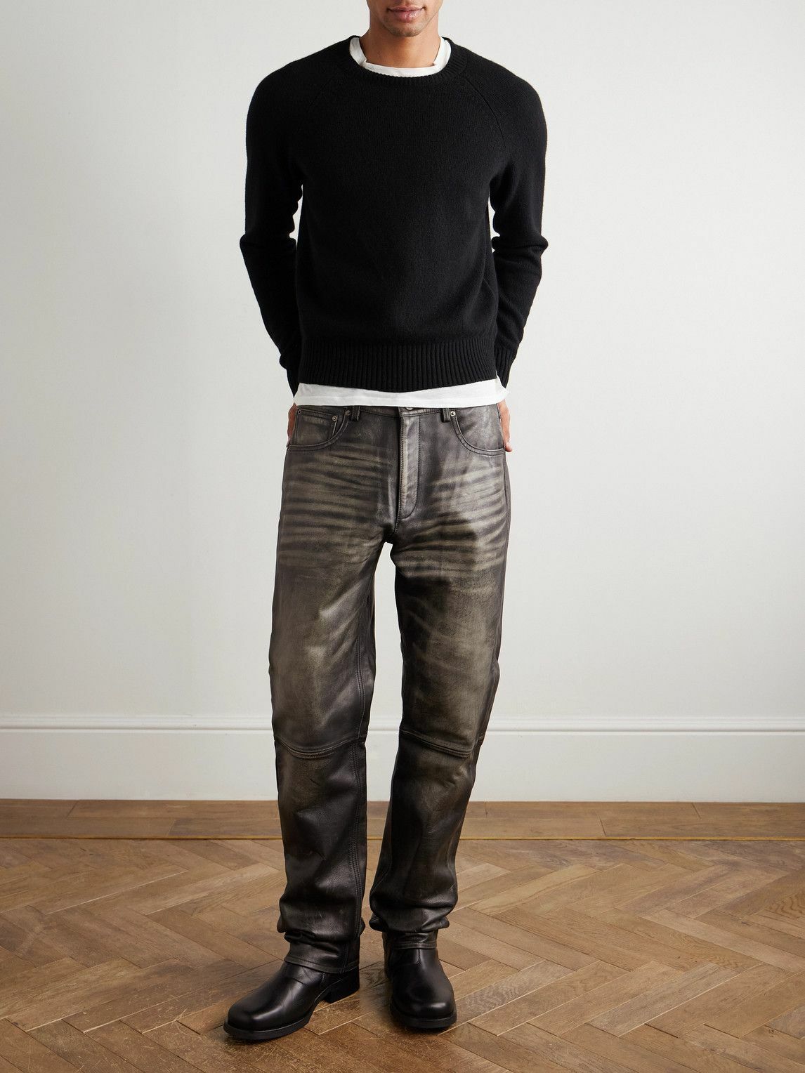 424 - Slim-Fit Straight-Leg Leather Trousers - Black