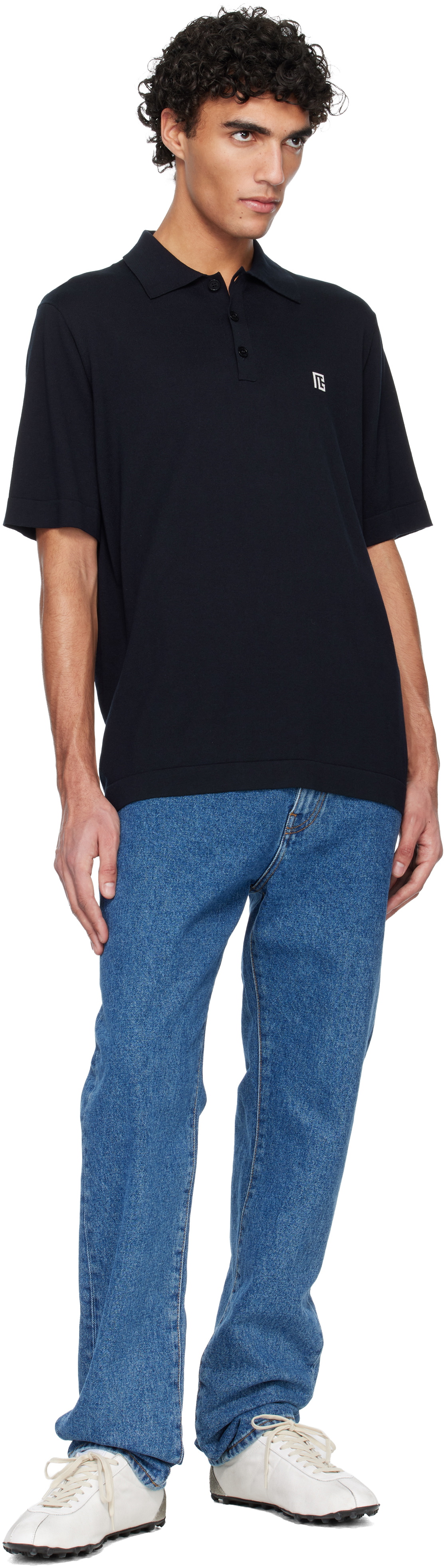 Balmain Navy Embroidered Cotton Polo