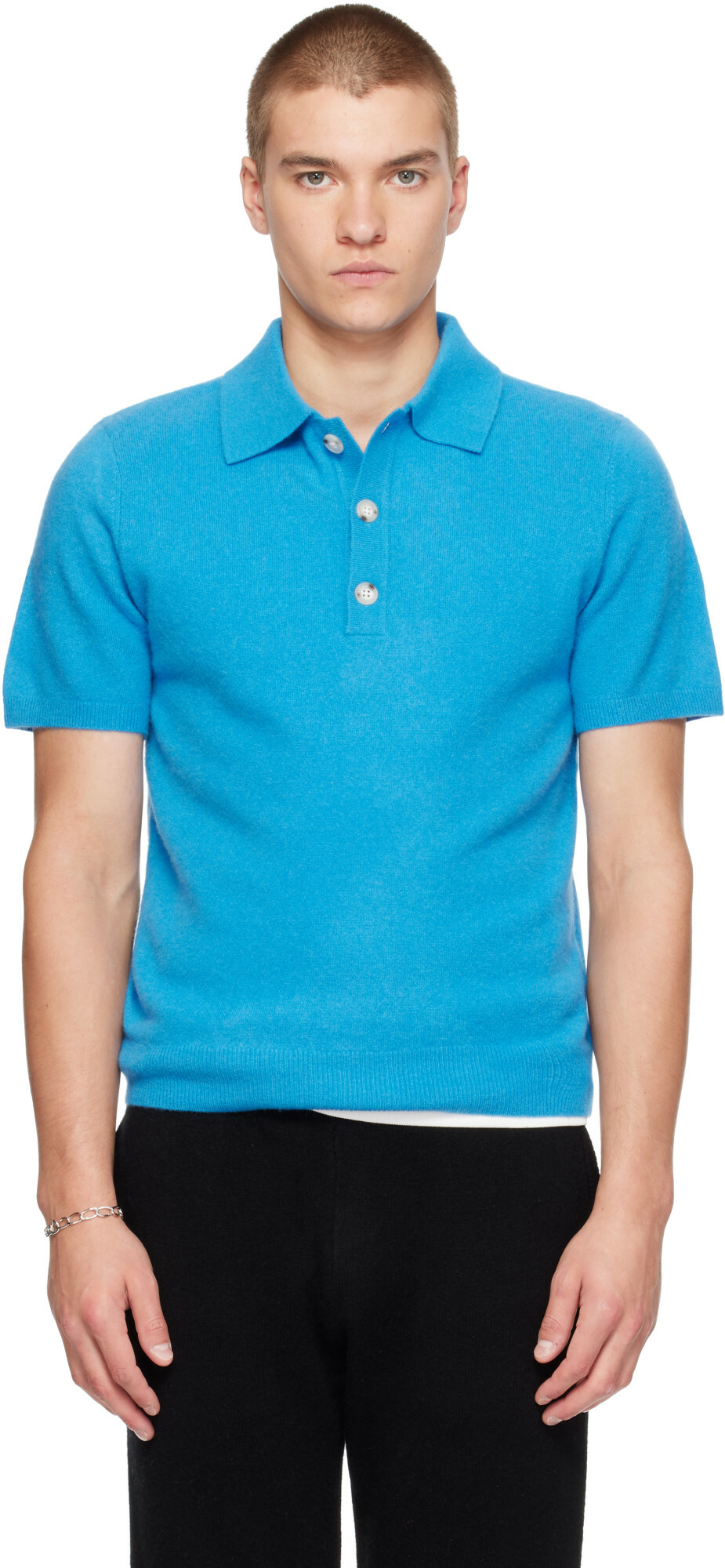Entire Studios Blue Short Sleeve Cashmere Knit Polo