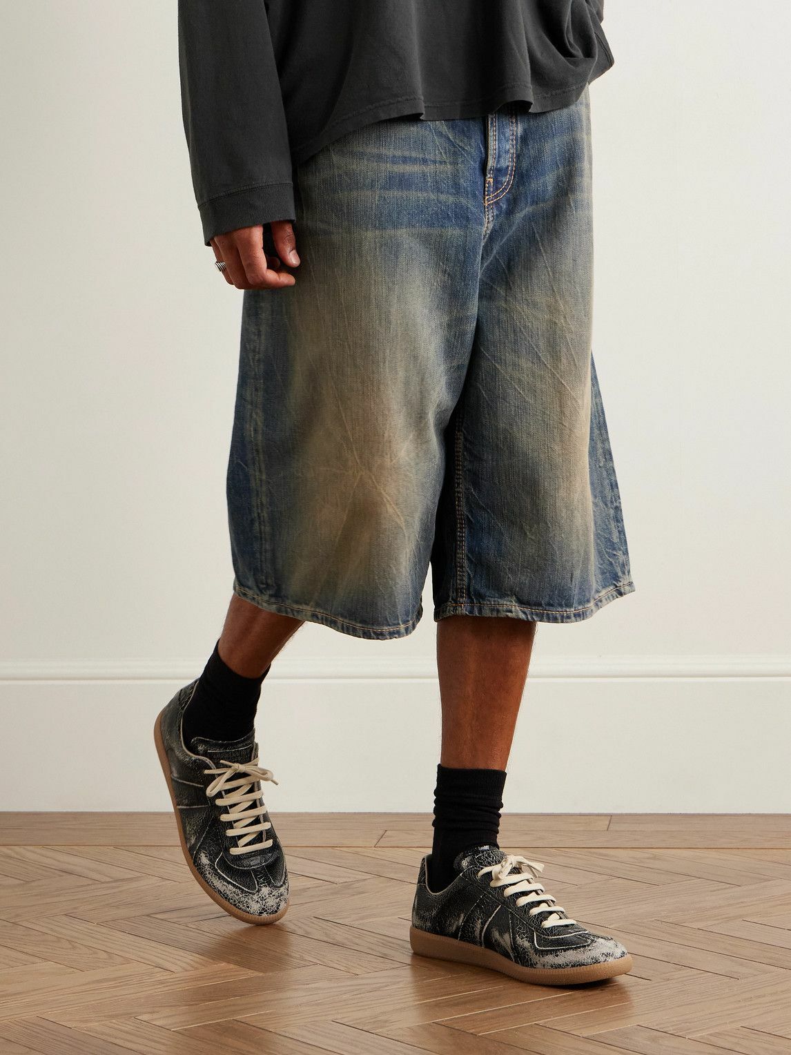 Maison Margiela - Replica Distressed Cracked-Leather Sneakers - Black