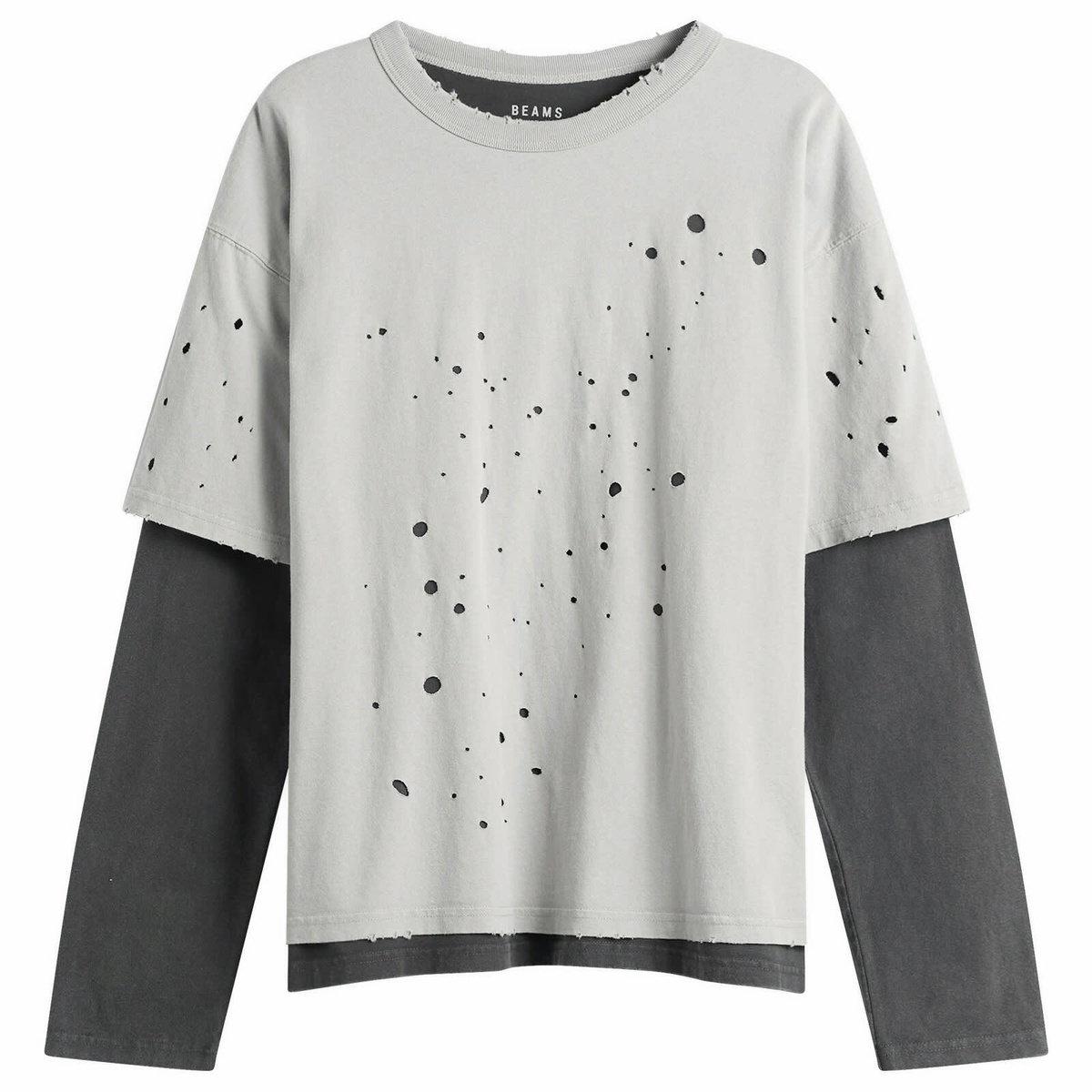 BEAMS Men's Layered Damage Long Sleeve T-Shirt in Black/Black