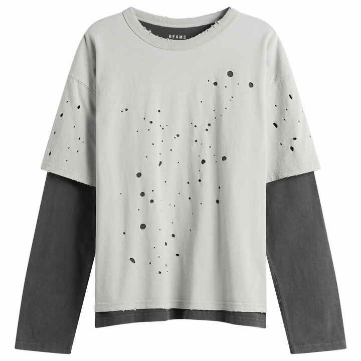 Photo: BEAMS Men's Layered Damage Long Sleeve T-Shirt in Light Grey ＆ Black