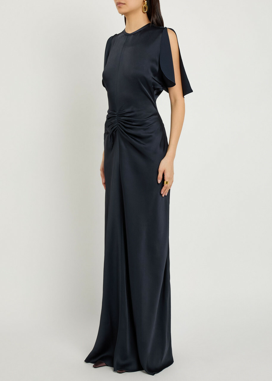 Victoria Beckham Isabella Gathered Satin Maxi Dress Navy