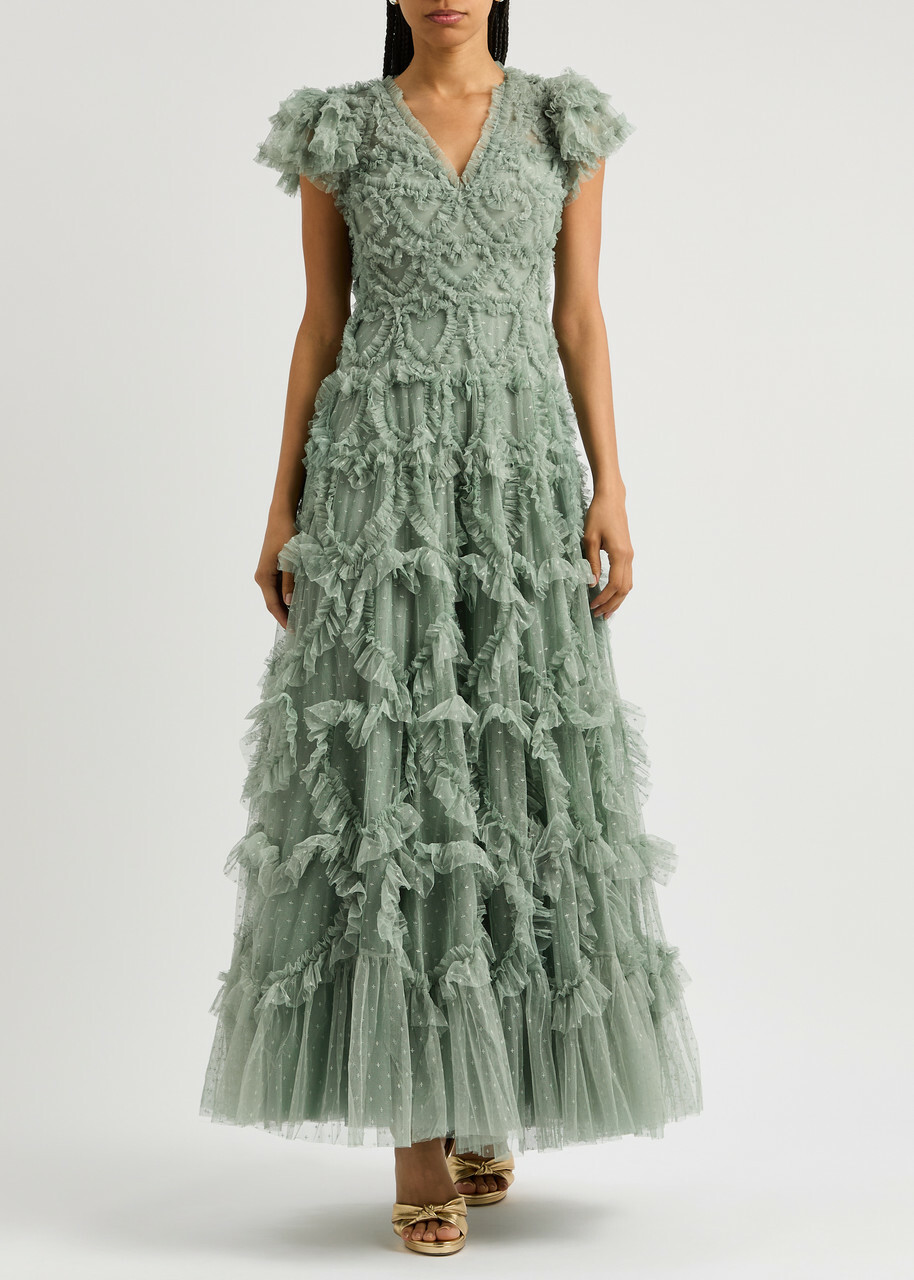 needle and thread dress green Sequin Dash Cape Ankle Gown