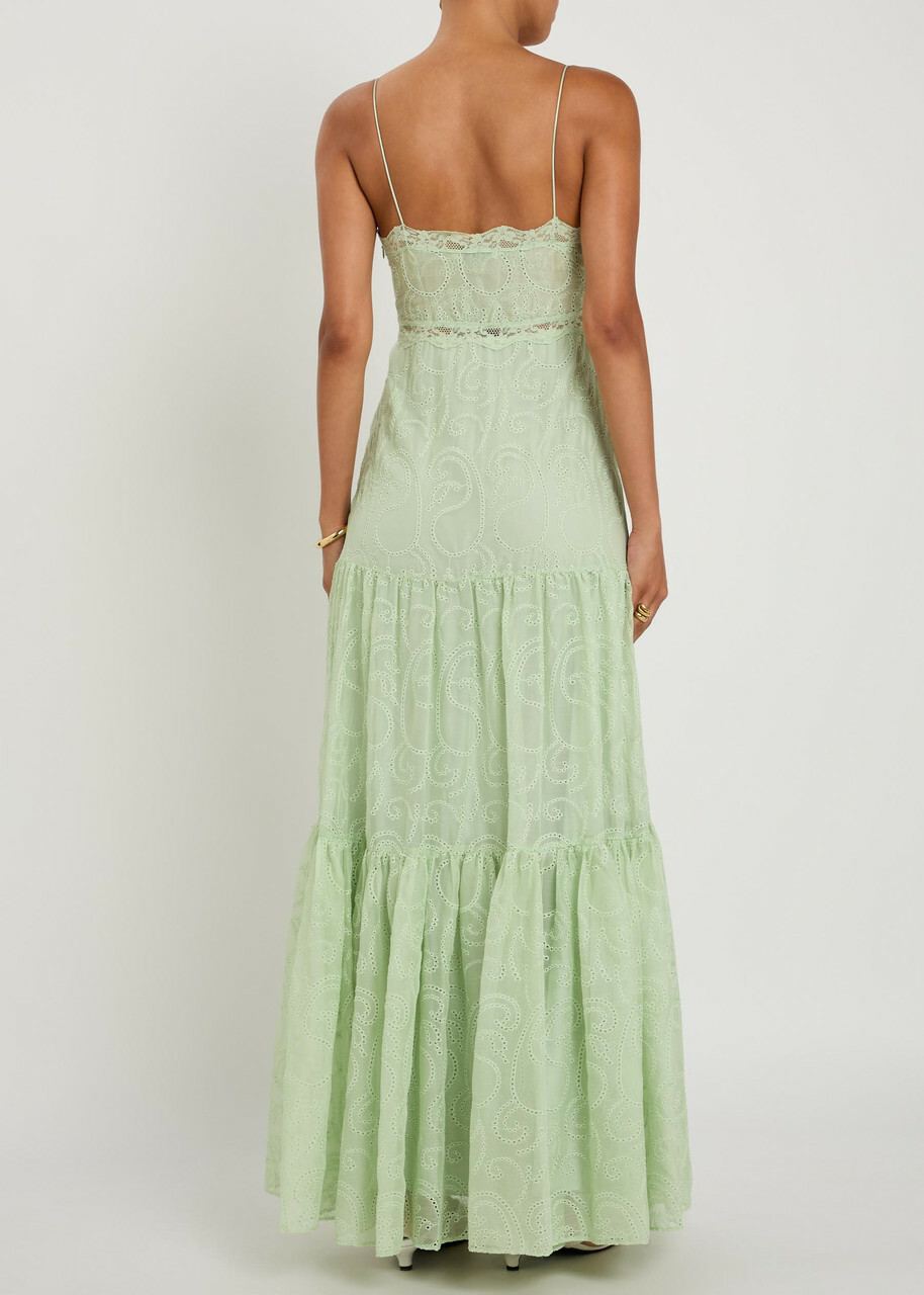 Alice + Olivia Nicky Embroidered Tiered Chiffon Maxi Dress Light Green