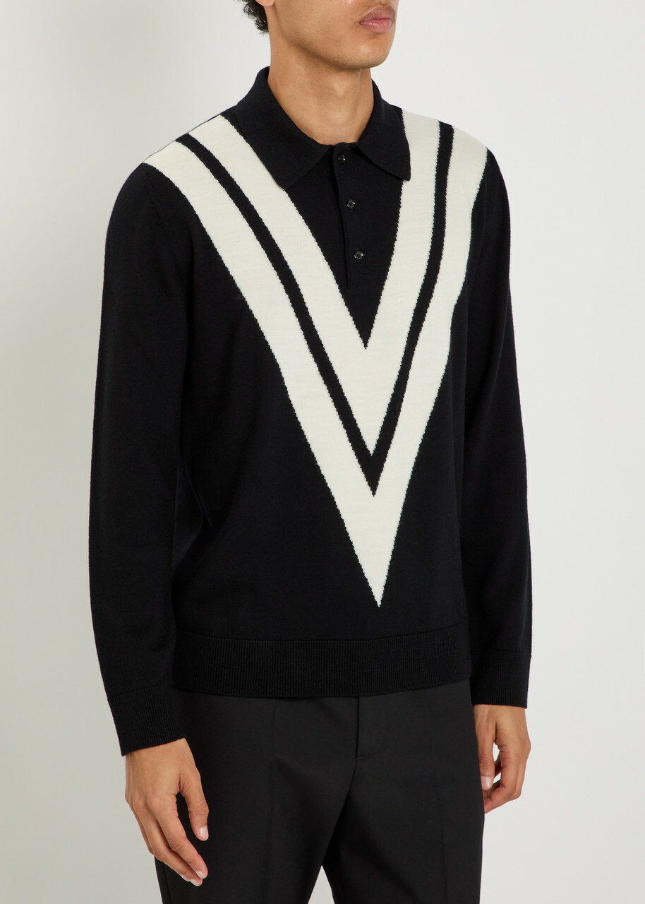 Valentino Garavani Vlogo-intarsia Wool Polo Jumper Black And White